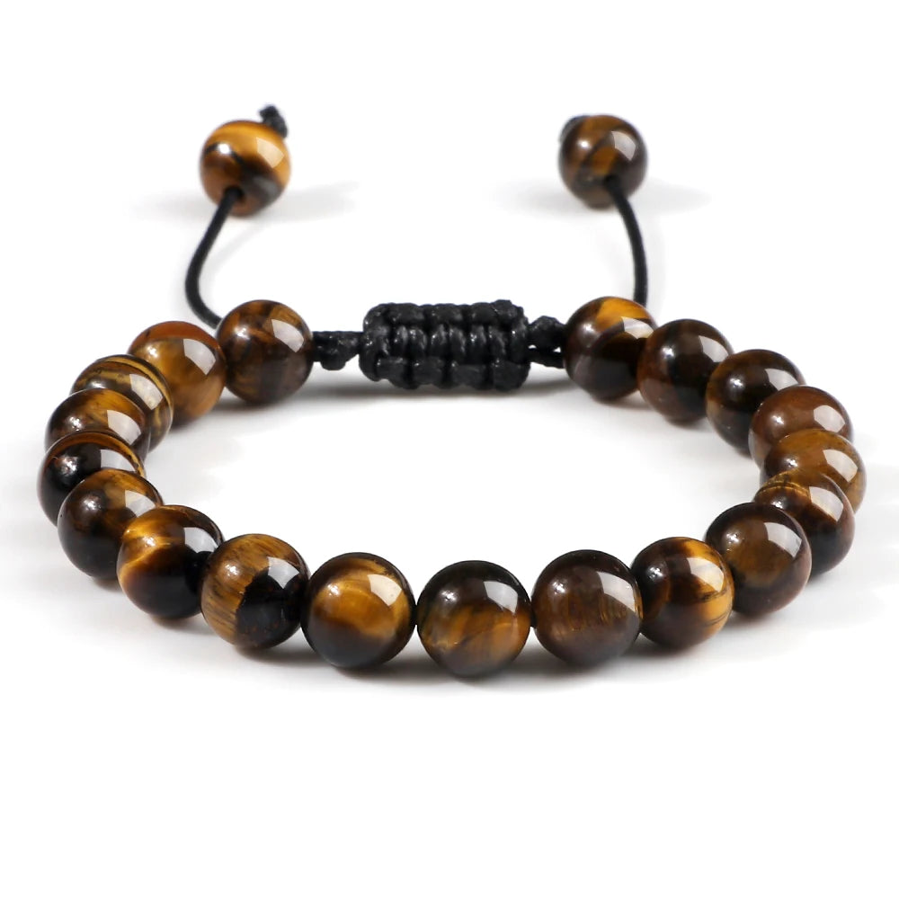 Hemasa 8mm Tiger Eye Stone Beads Bracelet Adjustable Braided Rope Bangles/ Natural Lava Rock Men Women Yoga Healing Balance Bracelets