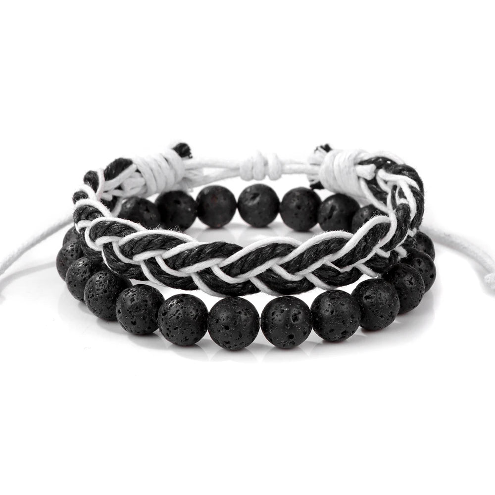 Tejesa 2pcs/set Boho Handmade Braided Rope Bracelet Natural Stone Lava Volcanic Beads Charm Bracelets Set Jewelry for Men Women Gift