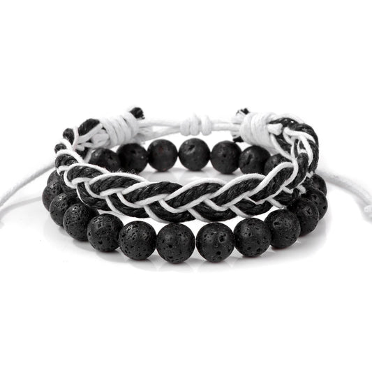 Tejesa 2pcs/set Boho Handmade Braided Rope Bracelet Natural Stone Lava Volcanic Beads Charm Bracelets Set Jewelry for Men Women Gift