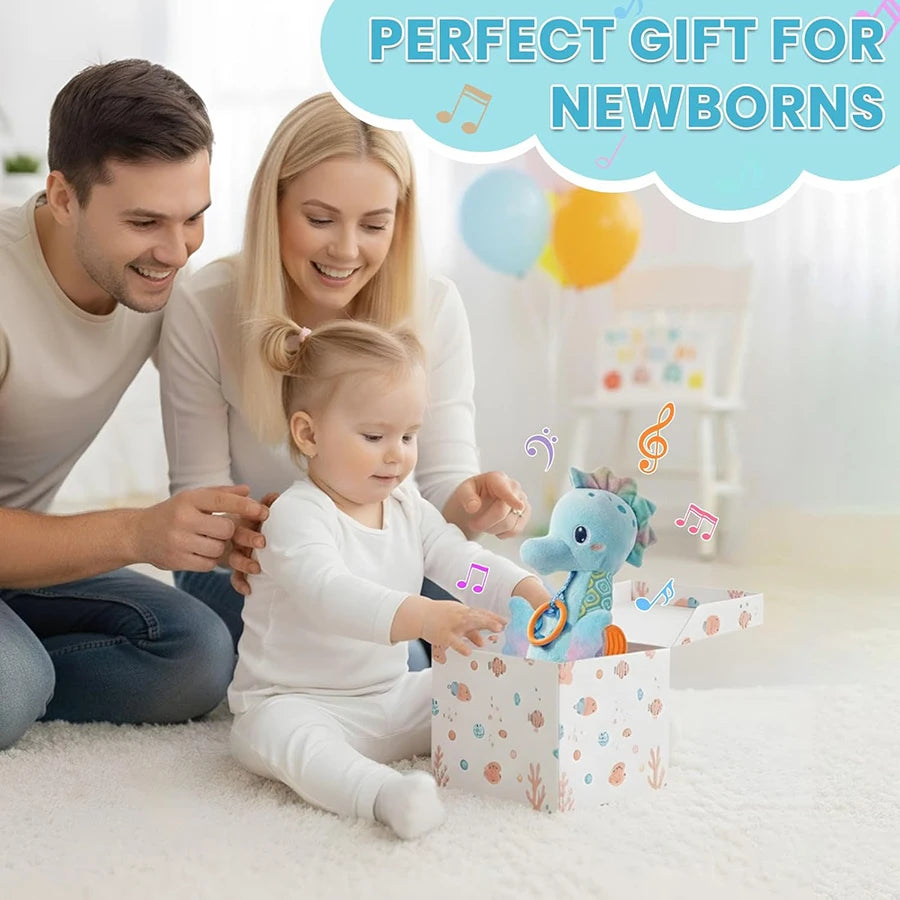 Tejesa Baby Toys 0-6 Months Infant Musical Seahorse Stuffed Animal Plush Toy with Rattle Soft Newborn Toy for 0 6 9 12 Months Baby Boys