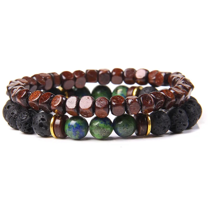 2pcs/set Beaded Bracelet Natural Stone Tiger Eye Hematite Beads Bracelet Men Energy Elastic Rope Bracelet Jewelry Couples Gifts