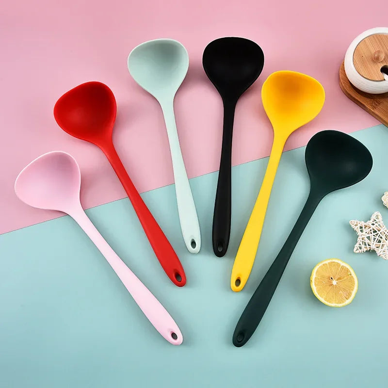 Hemasa Silicone Ladle Soup Spoon Non-stick Curved Handle Unbreakable Big Round Scoop for Dinner