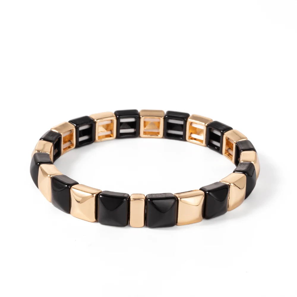 Tejesa Colorful Enamel Square Shape Rhombus Faced Bohemain Geometric Elastic Bracelets For Women
