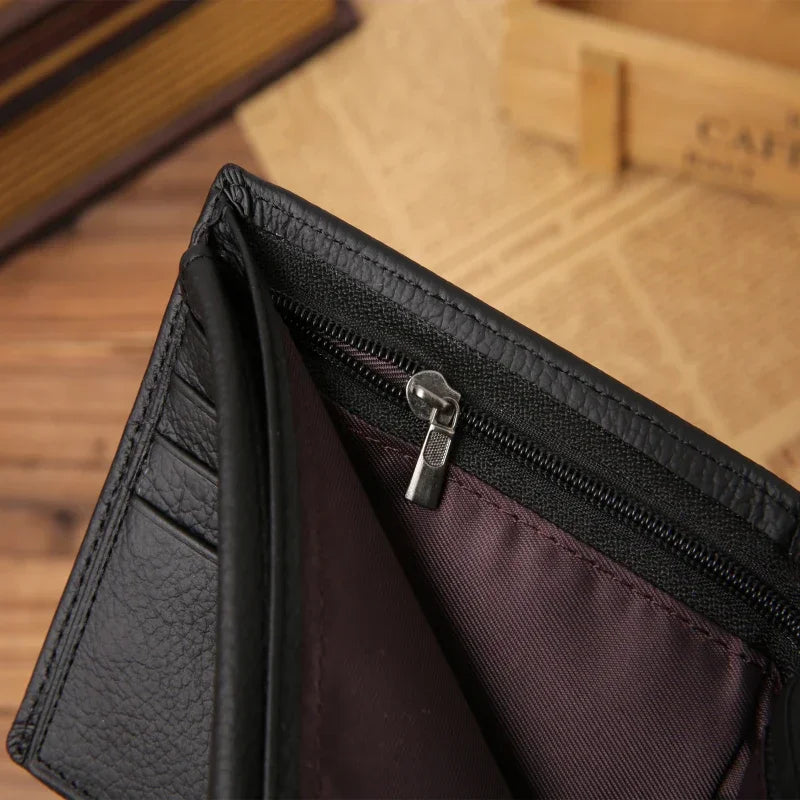 Genuine Leather Men Wallet Cowhide Wallets For Man Quatlity Case Concise Short Black Credit Card Cash Receipt Holder Purse