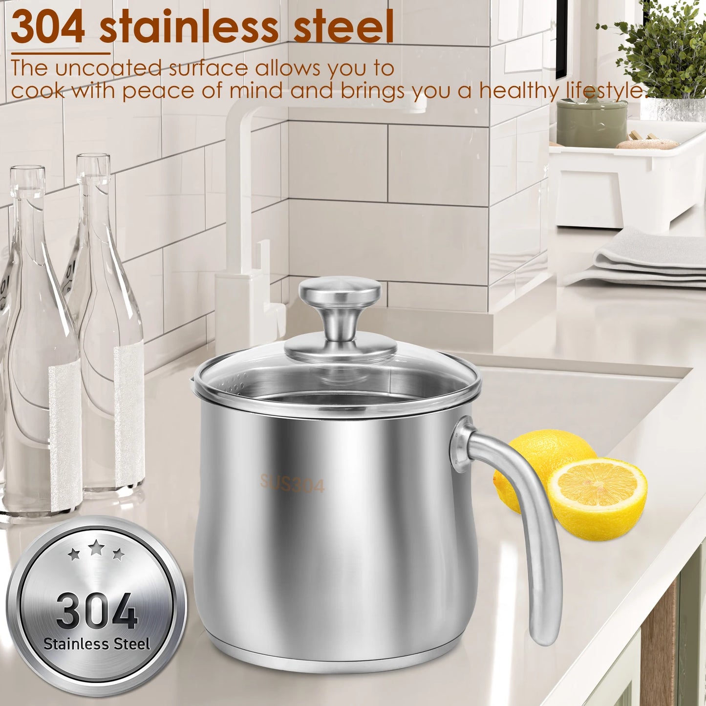Tejesa 2000ml Saucepan Stainless Steel Pot High-capacity Kettle Home Cooking Pot for Baby Complementary Food Congee Noodles Dessert