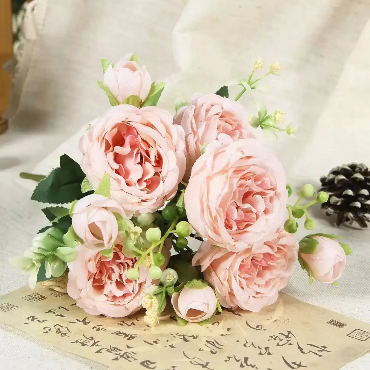 30cm Rose Pink Silk Peony Artificial Flowers Bouquet 5 Big Head and 4 Bud Cheap Fake Flowers for Home Wedding Decoration indoor