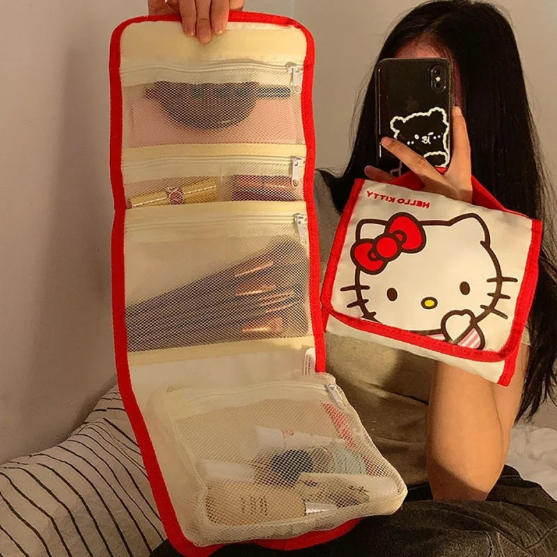 Hello Kitty Large Capacity Foldable Makeup Bag Cute Travel Cosmetic Organizer Portable Toiletry Pouch Girl Christmas Gift