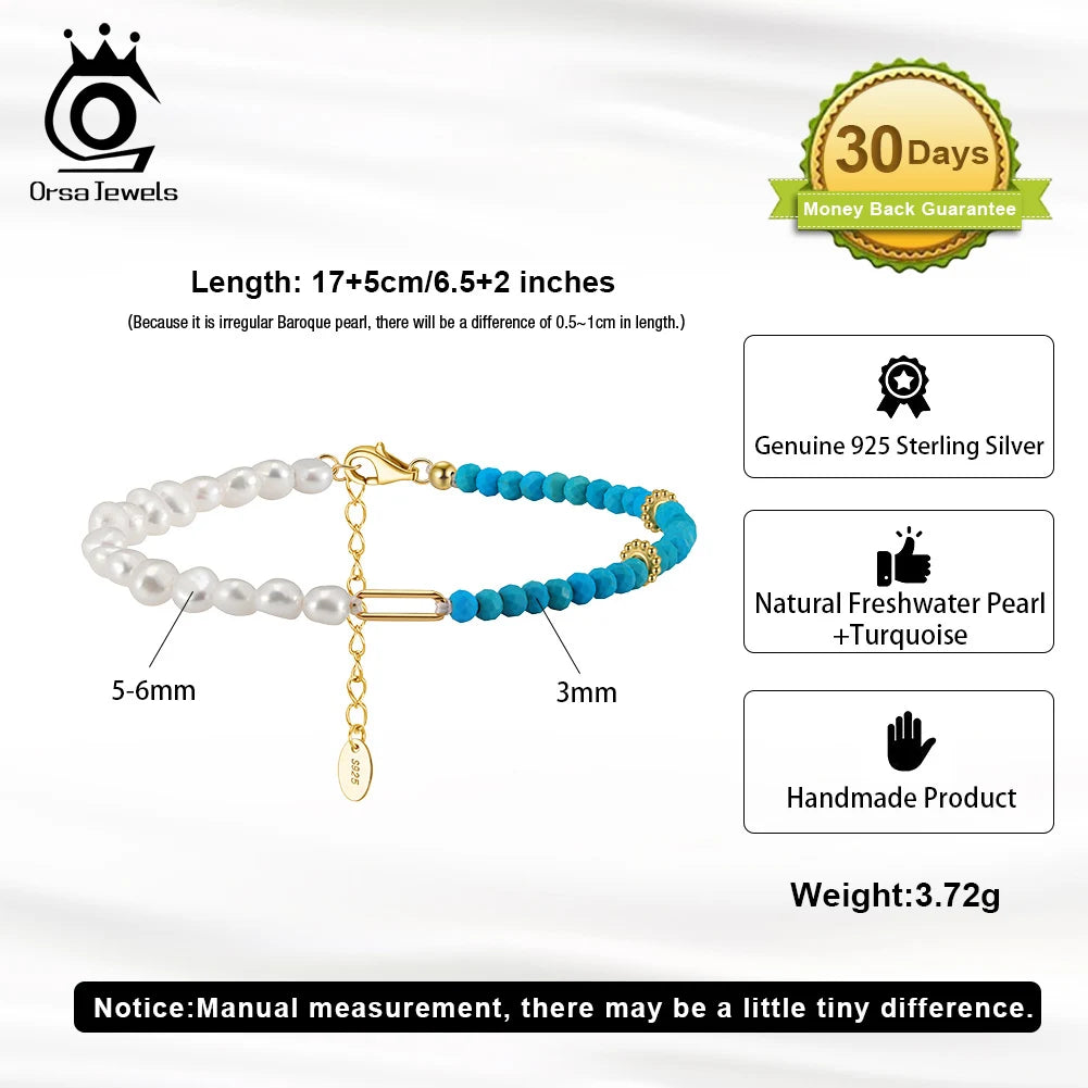 ORSA JEWELS 925 Sterling Silver Turquoise Beaded Bracelet Chain with Natural Pearls For Women Party Gift Luxury Jewelry MPB06