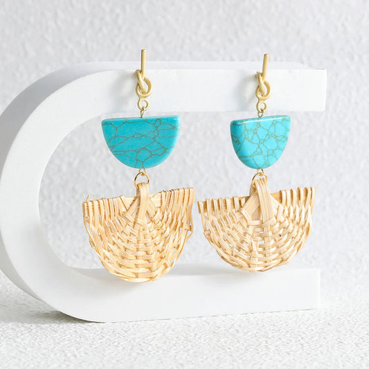 Half Round Natural Stone Rattan Drop Earrings For Women Fashion Trend Ladies Round Earring Birthday Party Gift Jewelry Wholesale