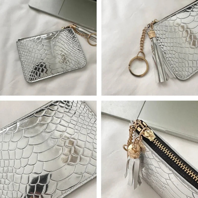 Fashion Print Glossy Mini Coin Wallet for Women Versatile Crocodile PU Portable Zipper Coin Purse ID Card Holder Key Coin Pouch