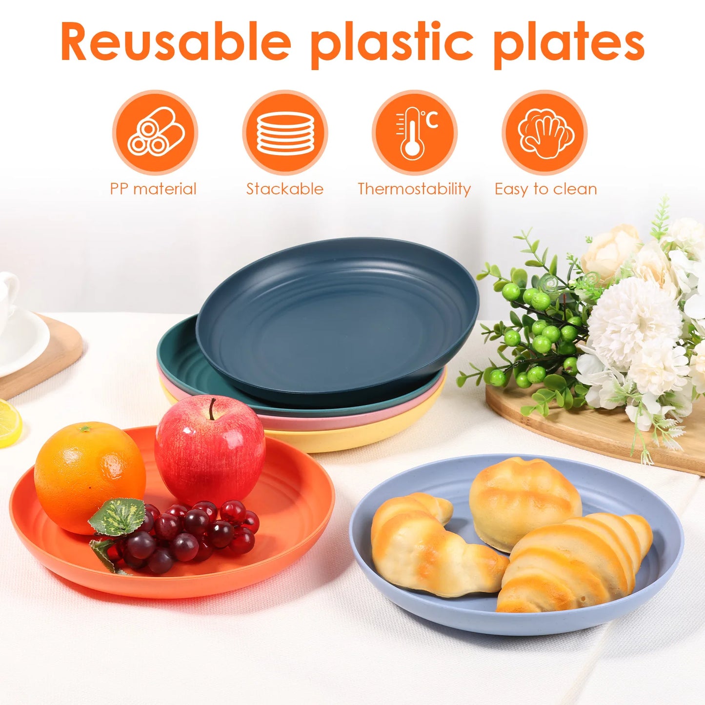 Tejesa 6Pcs Circular Dining Plate 8.74 Inch Plastic Dinner Plate Microwave and Dishwasher Safe Dish Food Pan for Kitchen Picnic Tray