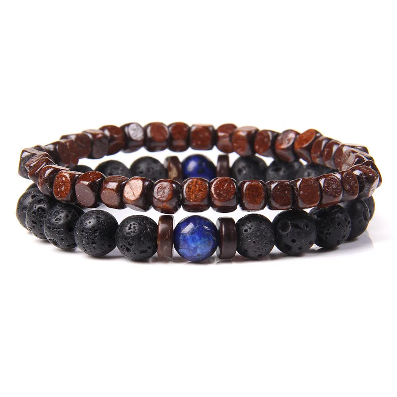 2pcs/set Beaded Bracelet Natural Stone Tiger Eye Hematite Beads Bracelet Men Energy Elastic Rope Bracelet Jewelry Couples Gifts