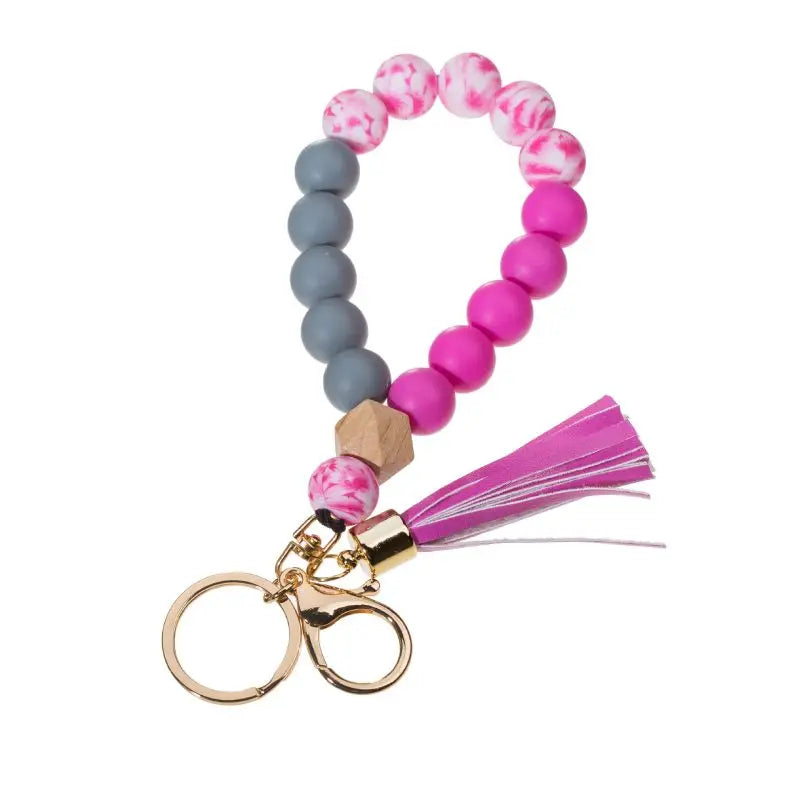 Silicone Keychain For Keys Tassel Wood Beads Bracelet Keyring For Women Multicolor Beads Keychain Fashion Keychain Wholesale