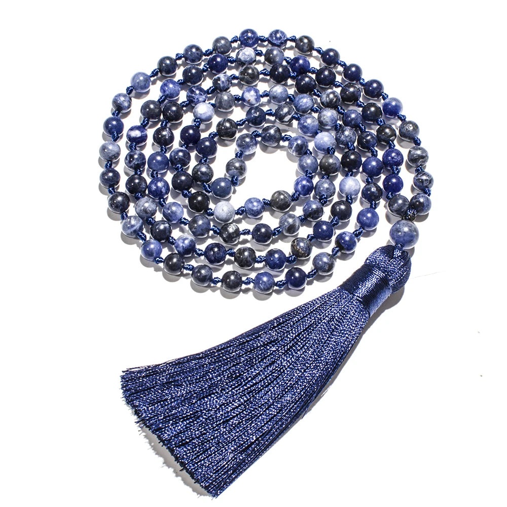6mm Natural Sodalite Beaded Knotted 108 Mala Necklace Meditation Yoga Prayer Boho Tassel Jewelry Rosary for Women
