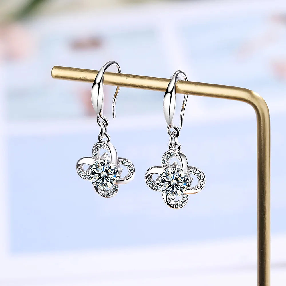 925 Sterling Silver Jewelry Sparkling Zirconia Clover Flower Twist Windmill Forever Drop Earrings For Women