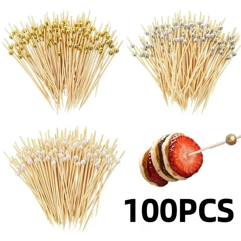 Tejesa 200PCS Gold Silvery White Pearl Bamboo Skewers Fruit Pearl Bamboo Skewers Party Cake Dessert Cocktail Food Buffet Toothpick