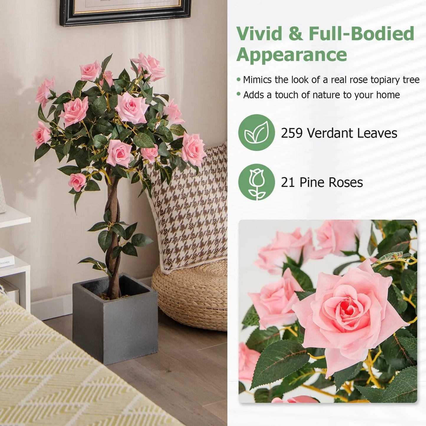 Hemasa 90CM Artificial Flower Tree Faux Floral Plant W/Pine Roses Greenery Potted Plant