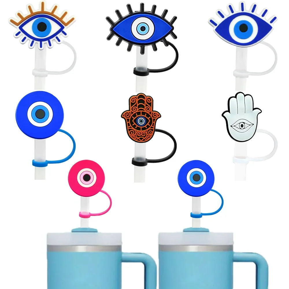 1/7PCS Silicone Colorful Evil Eyes Straw Cover,8mm Reusable Straw Topper Drinking Cup Accessories,Dustproof Straw Cap Gift