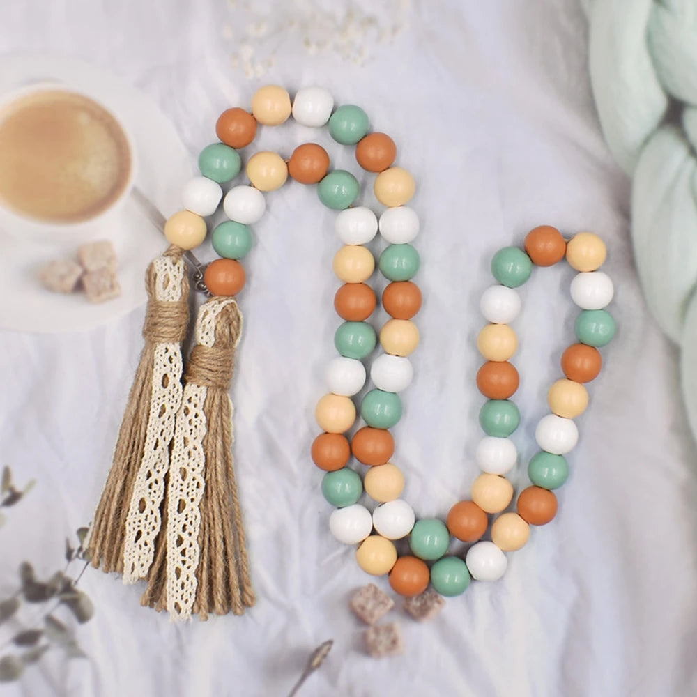 Wooden Bead Garland with Tassels Rustic Country Farmhouse Home Holiday Christmas Tree Garland Tray Wall Hanging Photo Props