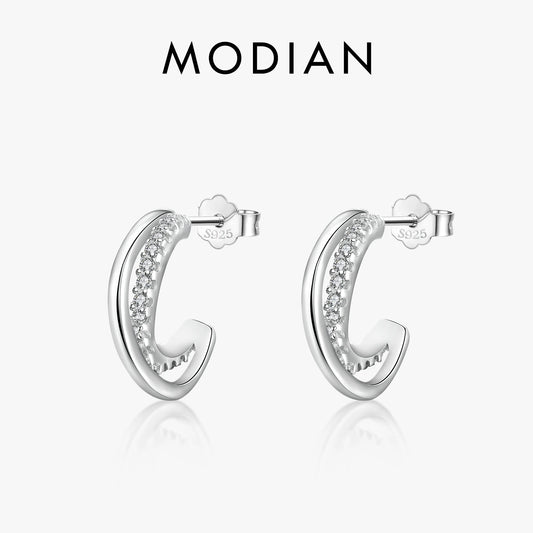 Modian Silver Line Clear CZ Stud Earrings 100% 925 Sterling Silver Geometry Exquisite Earring For Women Wedding Fine Jewelry