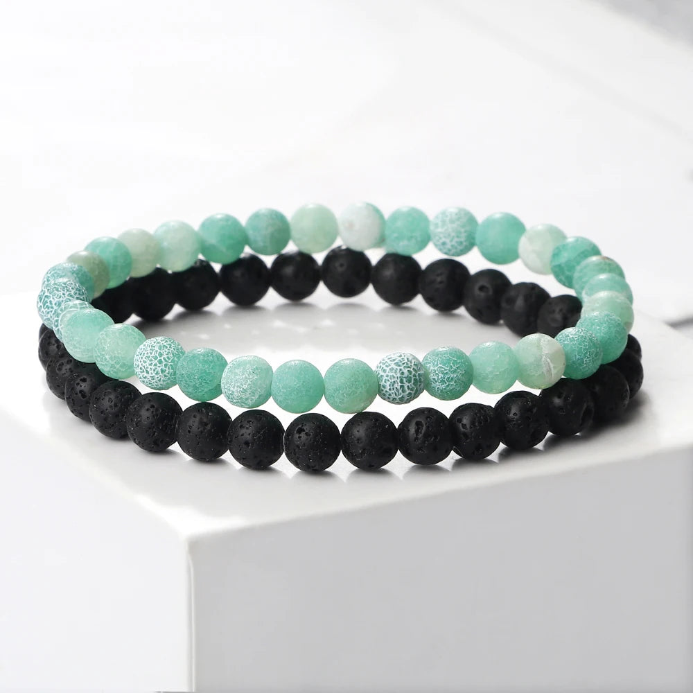Heamsa 2pcs/set Black Lava Stone Bracelet Men 6mm Natural Cracked Beads Strand Braceelets Stretch Bangles Women Yoga Healing Jewelry