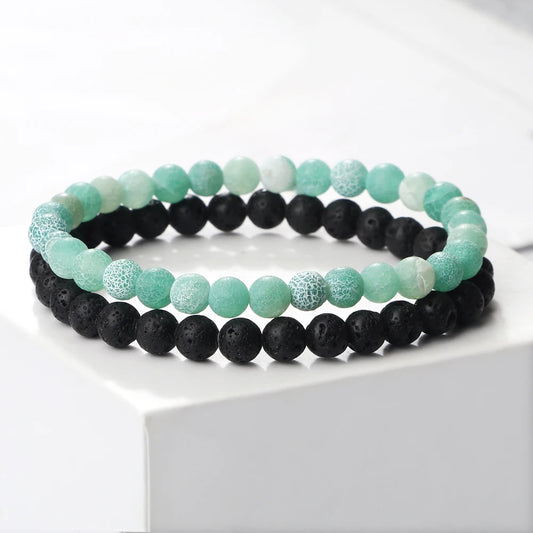 Heamsa 2pcs/set Black Lava Stone Bracelet Men 6mm Natural Cracked Beads Strand Braceelets Stretch Bangles Women Yoga Healing Jewelry
