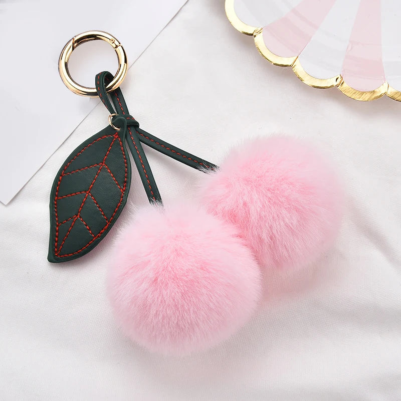 New Fashion Plush Cherry Keychains for Women Girls Fluffy Cartoon Rabbit Fur Ball Pompom Leaf Key Chains Rings Keyring Bag Gifts