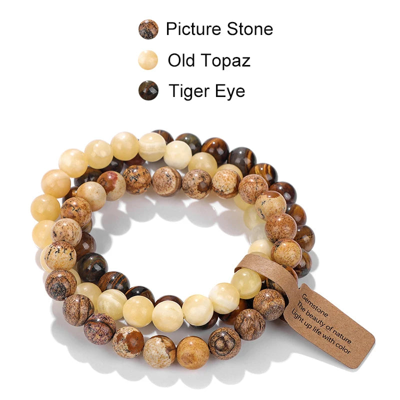 Blue Cat Eye Beaded Bracelets 3Pcs/Set Natural Stone Amethyst Beads Bracelets Multicolor Stretch Bangle Women Yoga Wrist Jewelry