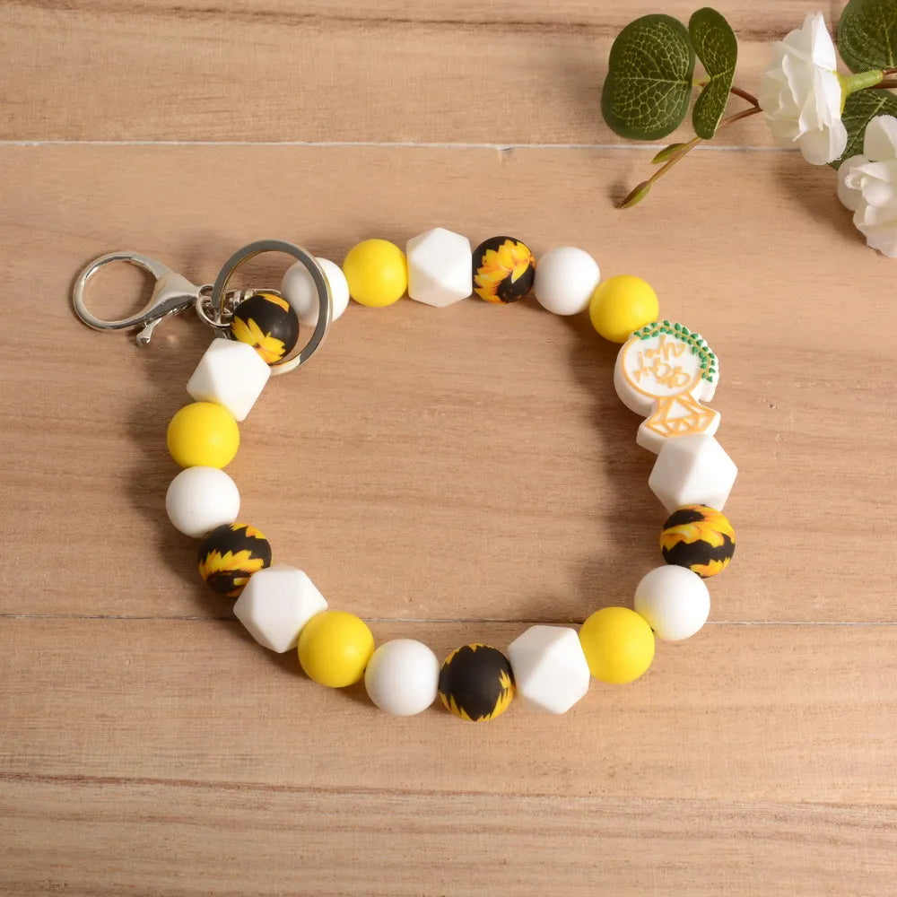 Hemasa Personalized Bangle Silicone Bead  Stretch Wristlet bracelet/ Keychain with  Keyring Gift for Teacher Mom Nurse Gift