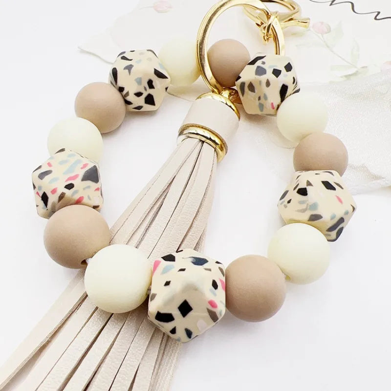 Heamsa  Silicone Leopard Print Beads Tassel Car Keychain/ Key Ring