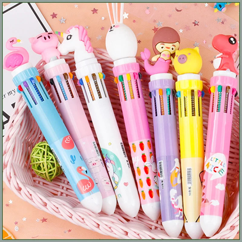 Hemasa New Girl'S Heart Creative Cartoon Silicone 10-Color Ballpoint Pen Kawaii Cartoon Students Multi-Color 0.5mm Stationery Gifts