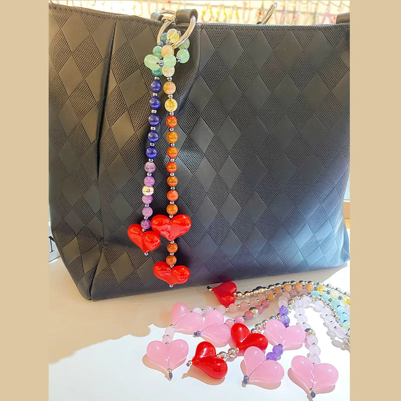 Charming Women Y2K Accesories Love Bead Hanging Chain Big Red Heart Bag Pendant Charms Colorful Beads Chain Fashion Lady Jewelry