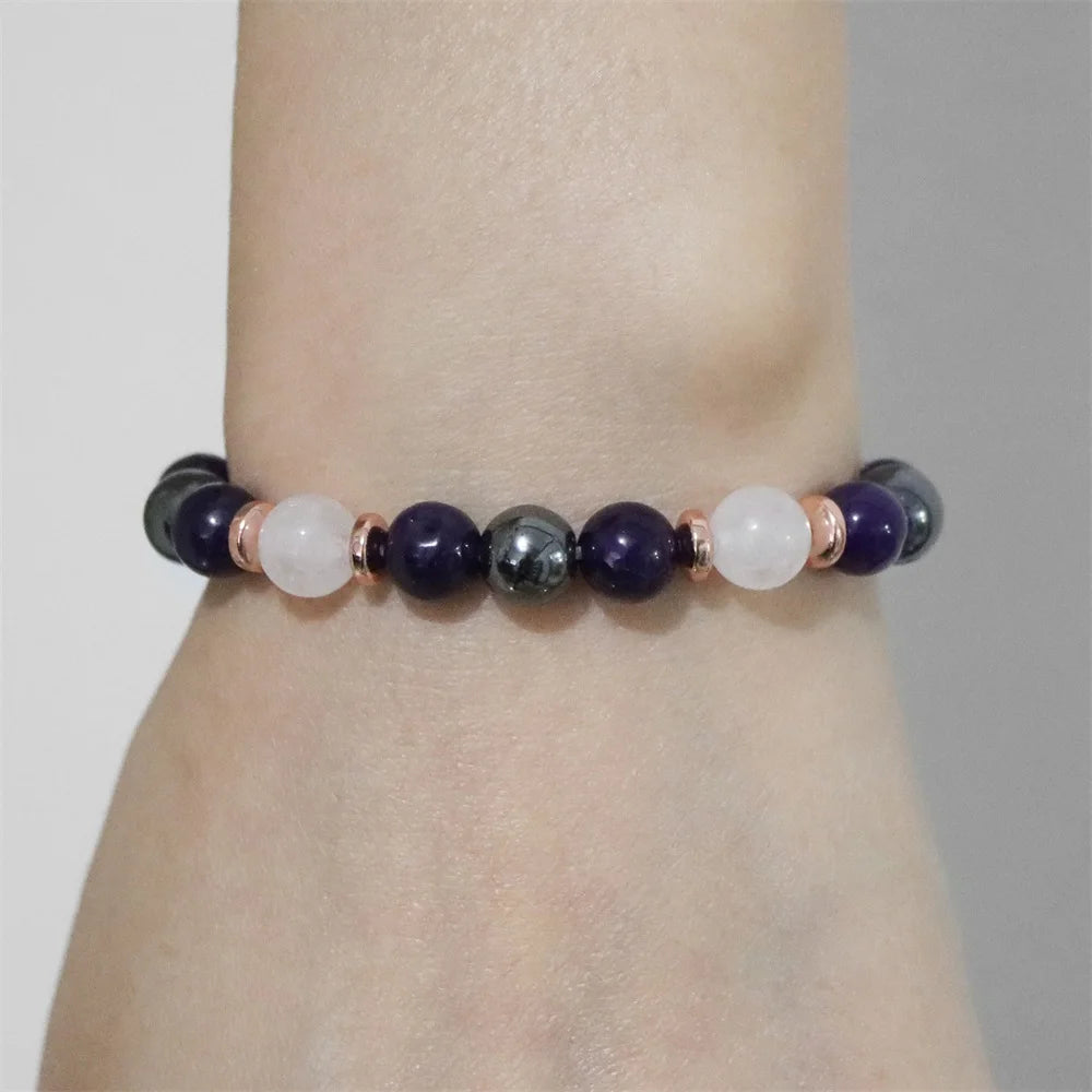 Hemasa Healing Reiki Natural Stone Bracelet Amethysts Hematite Beaded Bracelets For Women Men Chalcedony Lava Crystal Stretch Bracelet