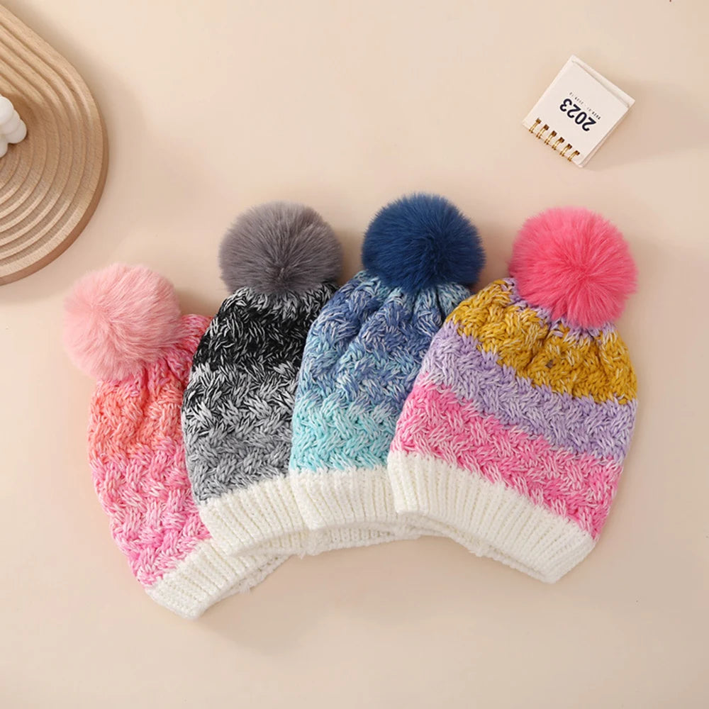 Winter Knitted Hat Children's Inner Velvet Color Matching Woolen Caps Boys Girls All Match Ear Protection Beanie Hats For Kids