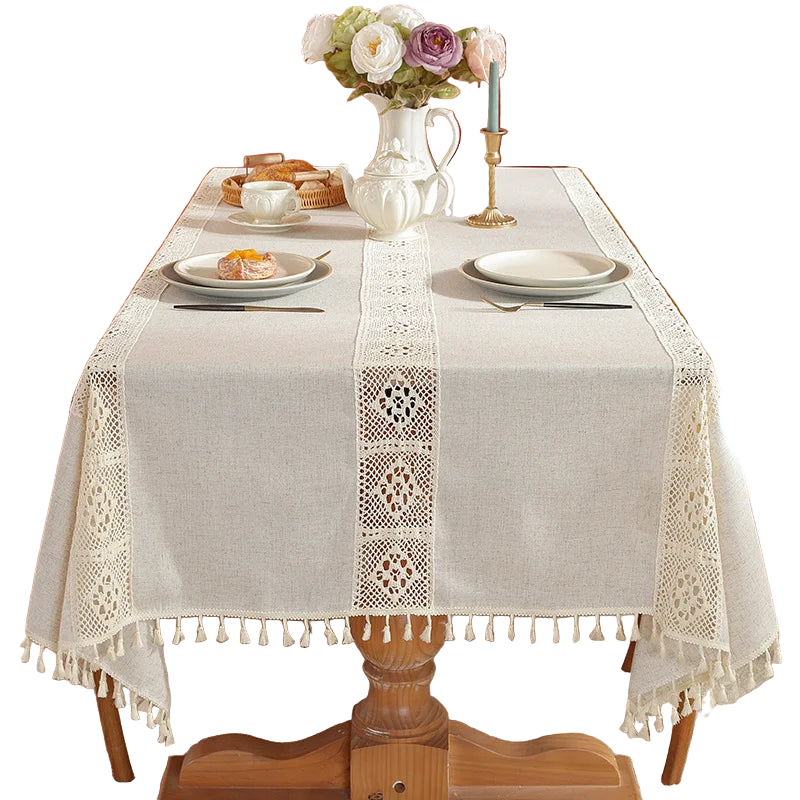Tejesa Polyester and linen, with a simple and elegant style. Hollow out and spliced rectangular shape Table Cloth
