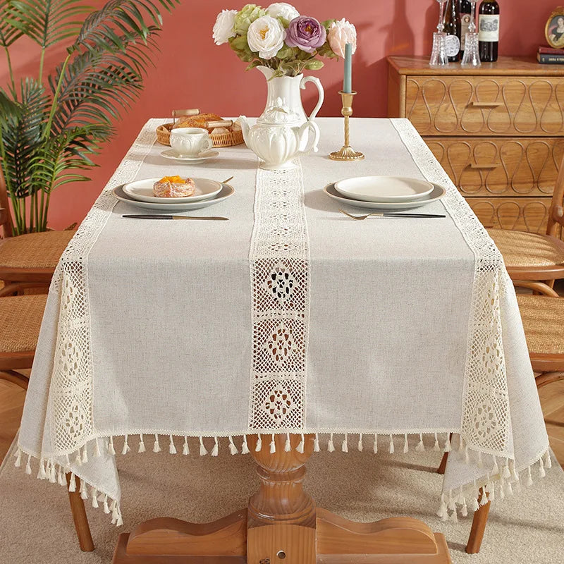Tejesa Polyester and linen, with a simple and elegant style. Hollow out and spliced rectangular shape Table Cloth