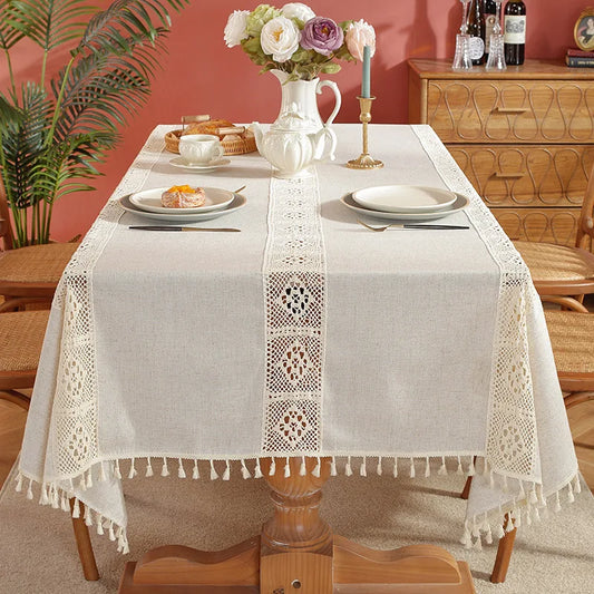 Tejesa Polyester and linen, with a simple and elegant style. Hollow out and spliced rectangular shape Table Cloth