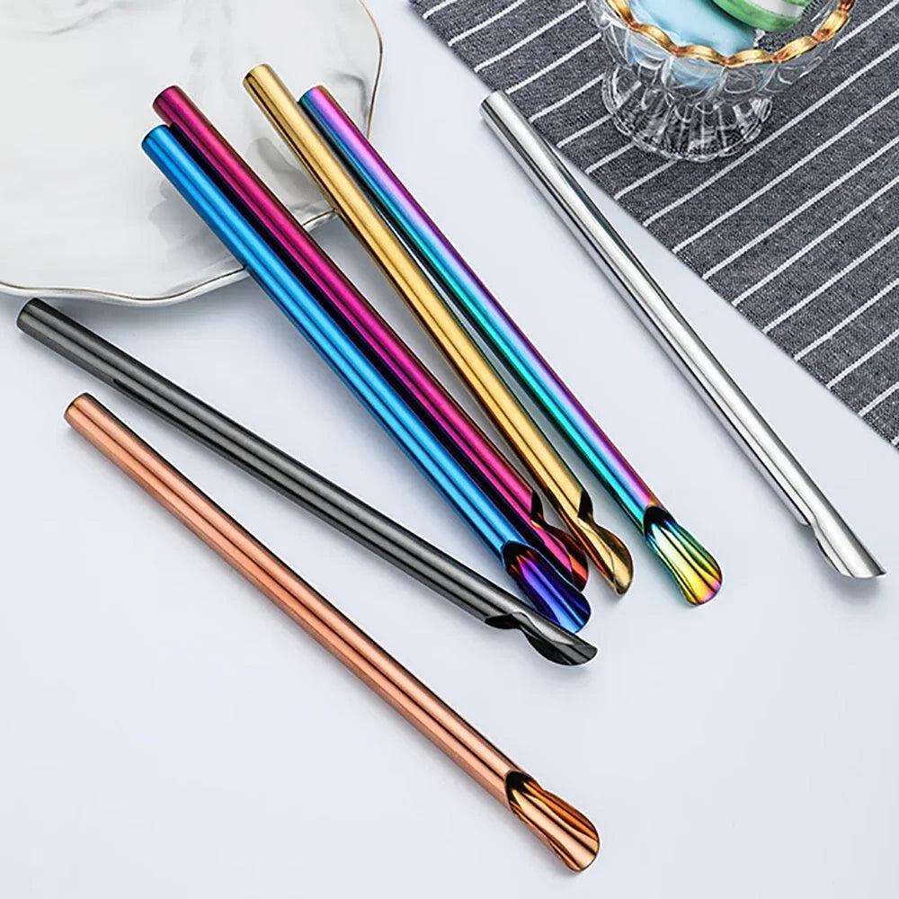 Hemasa 2Pcs  Stainless Steel Reusable Spoon Drinking Straw  Stirring Spoon with Brush Set