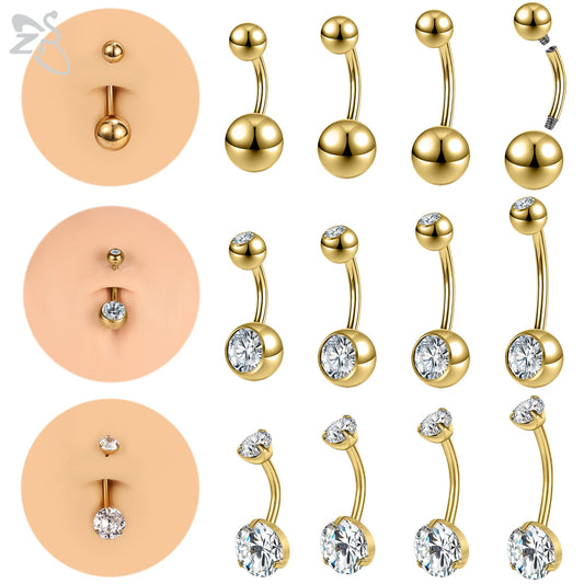 ZS 1 PC G23 Titanium Steel Belly Button Ring For Women CZ Crystal Internally Threaded Navel Barbell Stud Long Bar Body Piercing