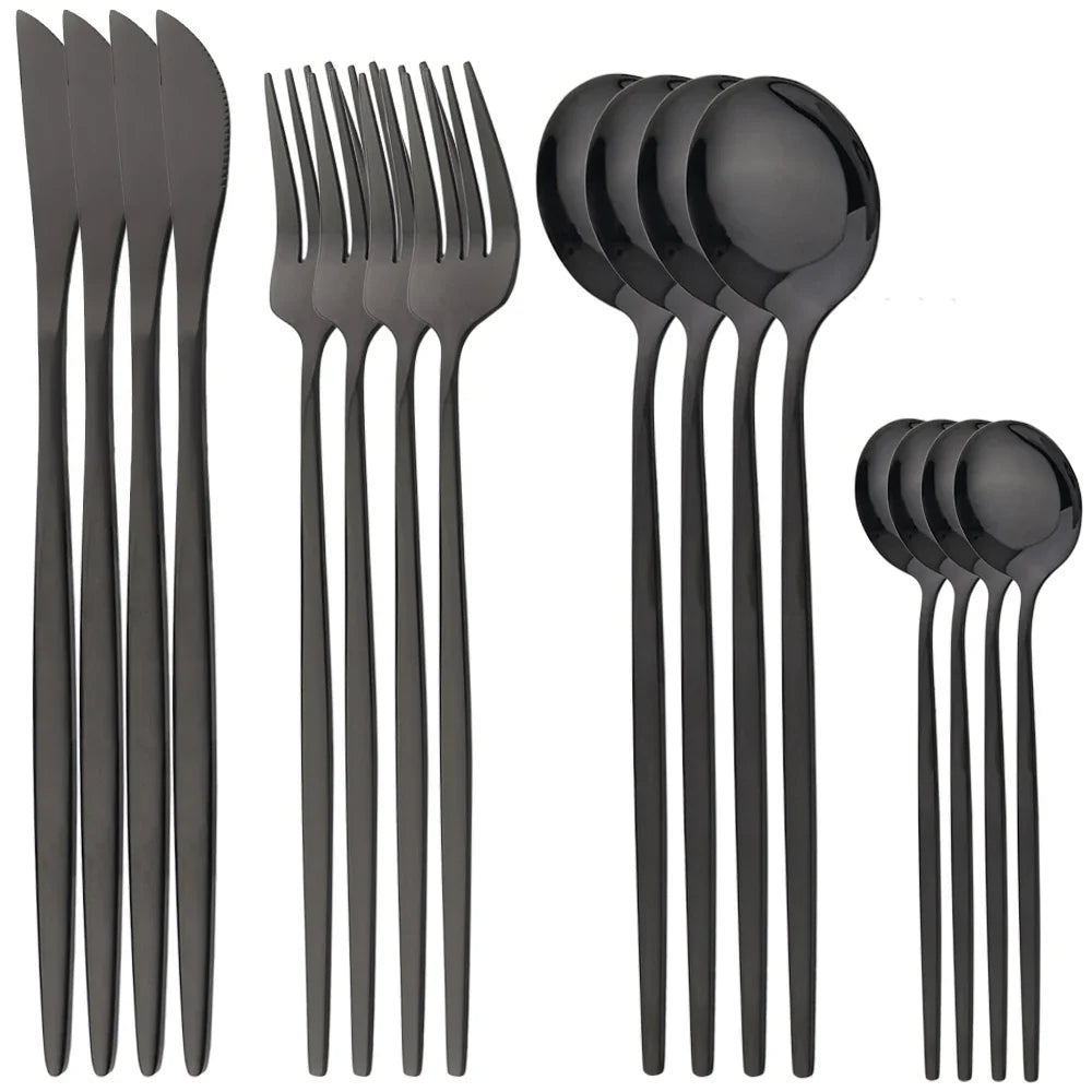 Hemasa 16Pcs Cutlery Set Stainless Steel Mirror TablewareDinner Black Gold Dinnerware Set Knife Fruit Fork Spoon Silverware Kitchen