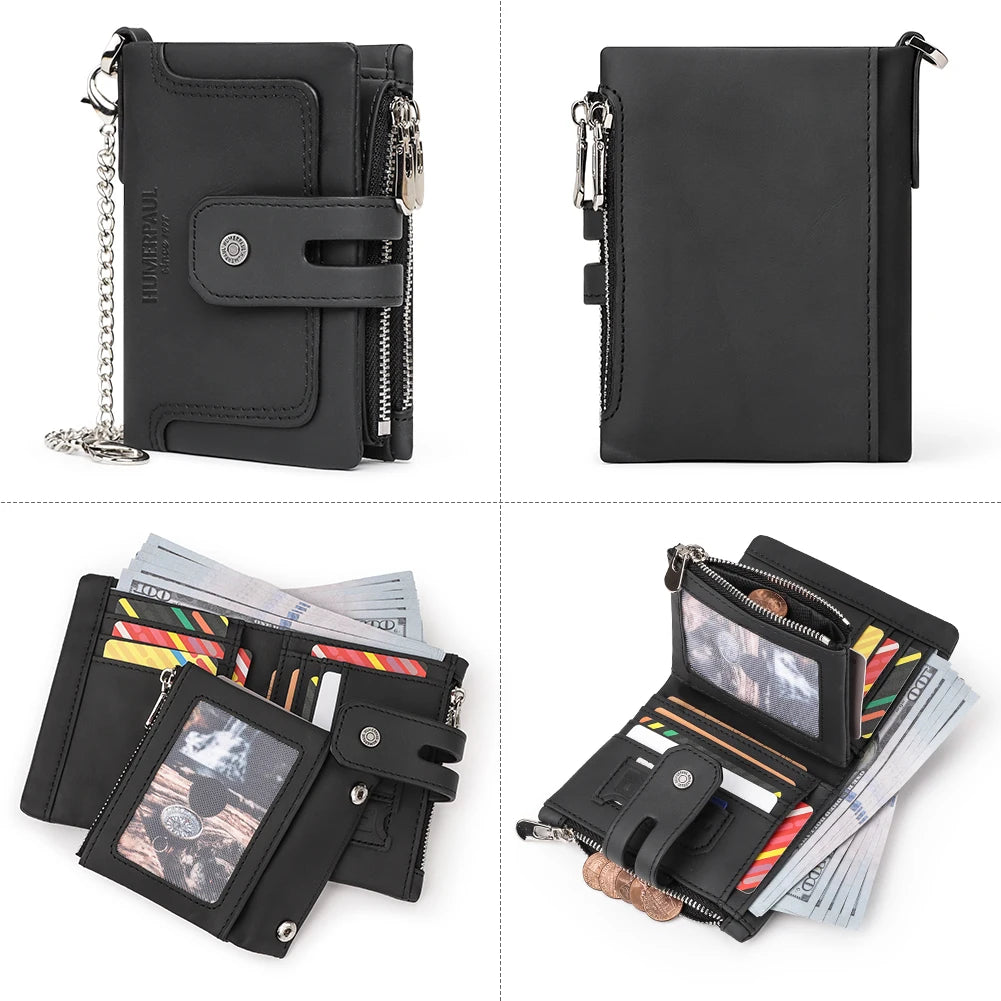 Genuine Leather RFID Men Wallet Business Credit Card Holders Double Zipper Coin Purse Chain PORTFOLIO Portomonee Male Carteira