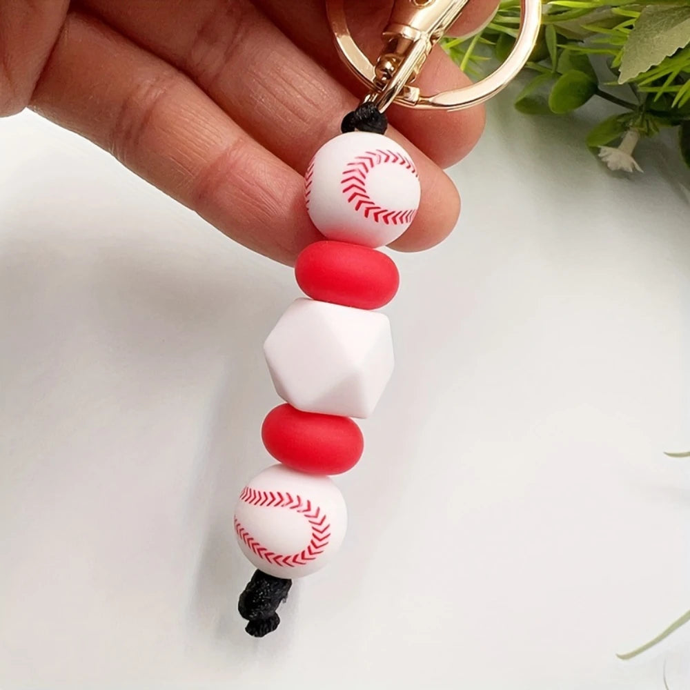 LOFCA Basketball Football Silicone Beaded Keychain Handmade Wood Beads Keychain Charm Backpack  Pendant  Accessories Keyring