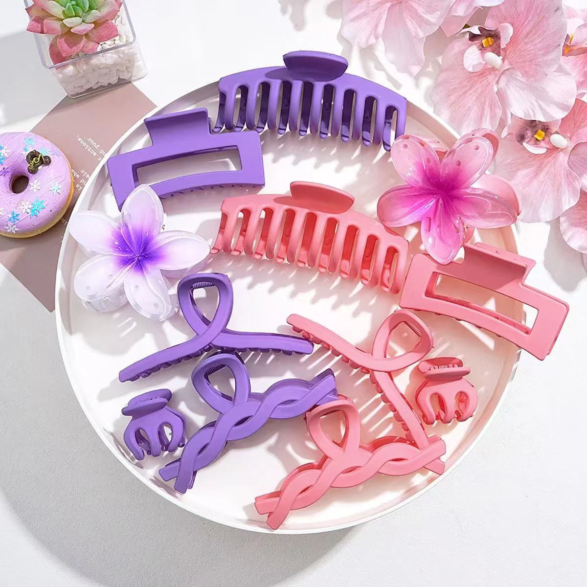 Tejesa  6pcs/set ins fresh sweet girl  pink and purple series frangipani grab clip set, hair ornament shark clip