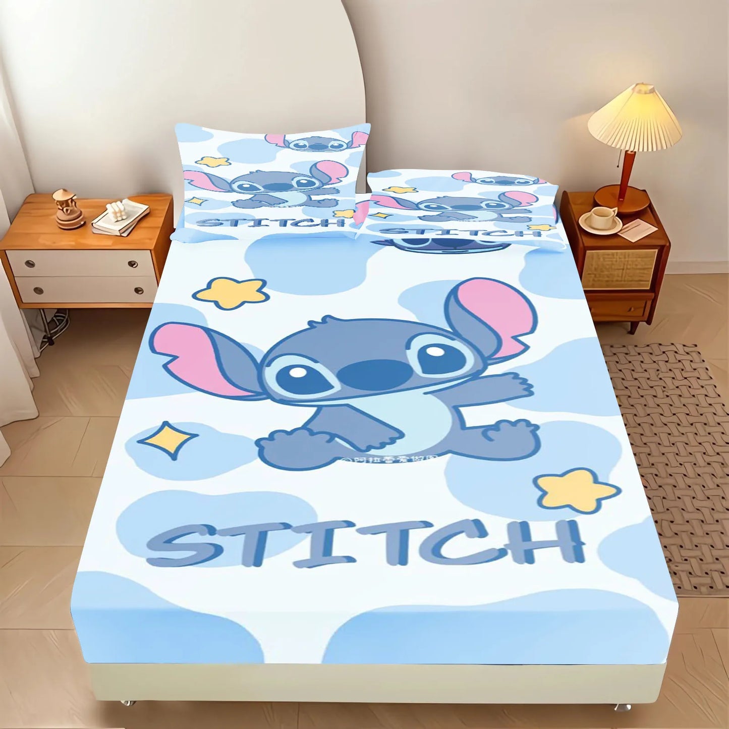 Stitch Fitted Sheet 100% Polyester Bedding Set With Pillowcase Suitable For Children And Adults Anime Kawaii