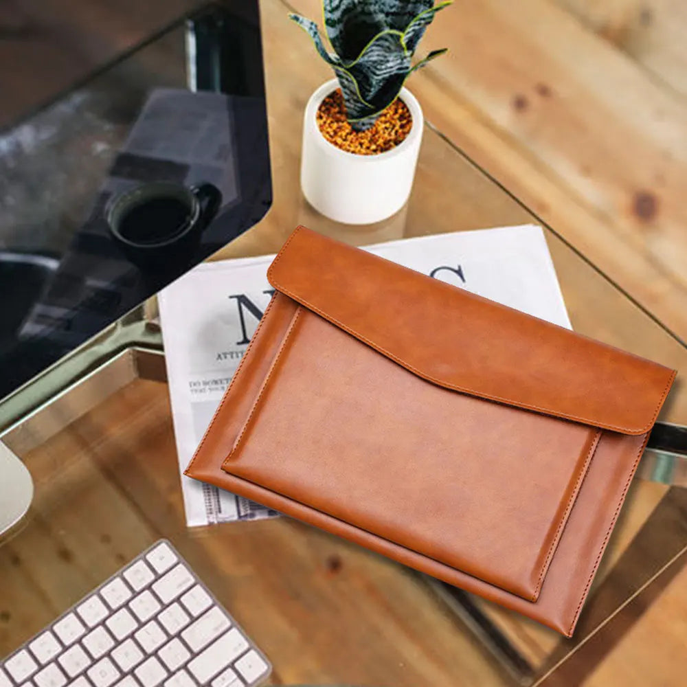 Hemasa A4 Leather File Folder Large Document Bag Business Briefcase Magnetic Button Waterproof Laptop Cases Office Organizer