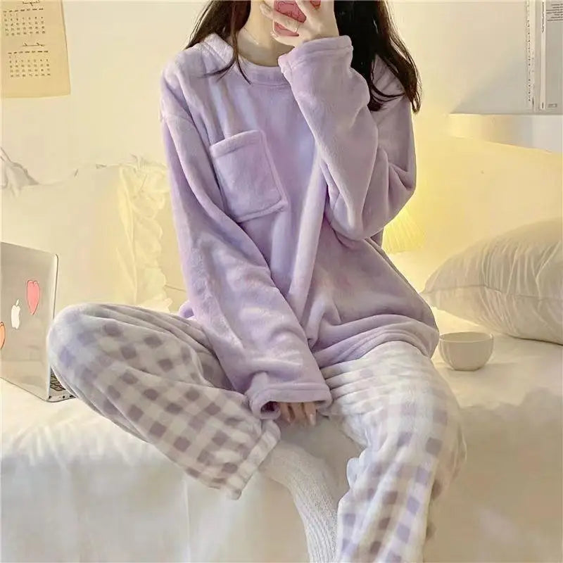 Hemasa  Cinnamoroll Pajamas Kuromi My Melody Flannel Pullover Coral Velvet Winter Warm Pajamas Homewear Girl Gifts