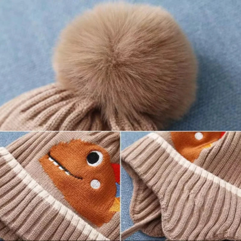 Winter Children's Thickened Knitted Hats For Boy Girl Cotton Warm Hat Cartoon Dinosaur Kids Toddler Ear Protection Beanies Cap