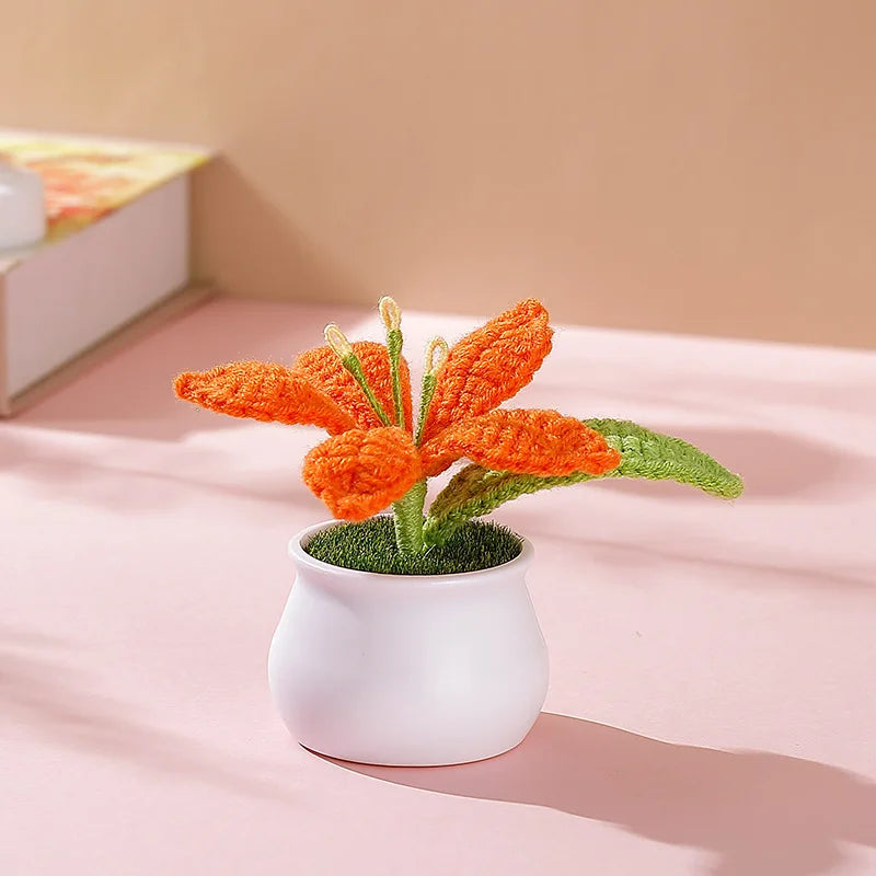 Hemasa Kintted Flower Potted Mini Artificial Flowers/Plant Hand Woven Crochet Tulips Flowers