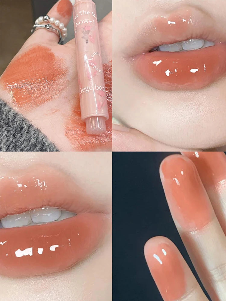 Gege Bear Floral Whisper Moisturizing Mirror Shine Lipstick — Glossy Jelly Finish, Heart-Shaped Bullet, Hydrating Lip Balm