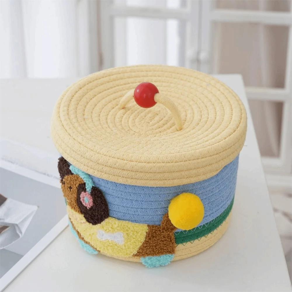 Cartoon Cotton Rope Storage Basket Round with Cover Snack Organizer Box Dachshund Pattern Decorative Hand Woven Basket